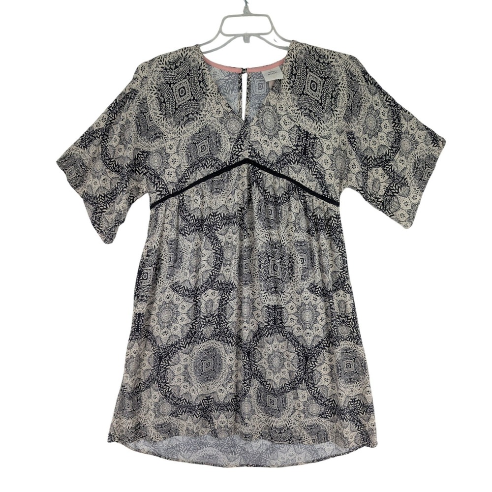 Knox Rose Mandala Empire Waist Short Dress M Black Cream Boho Flutter Sleeve Top